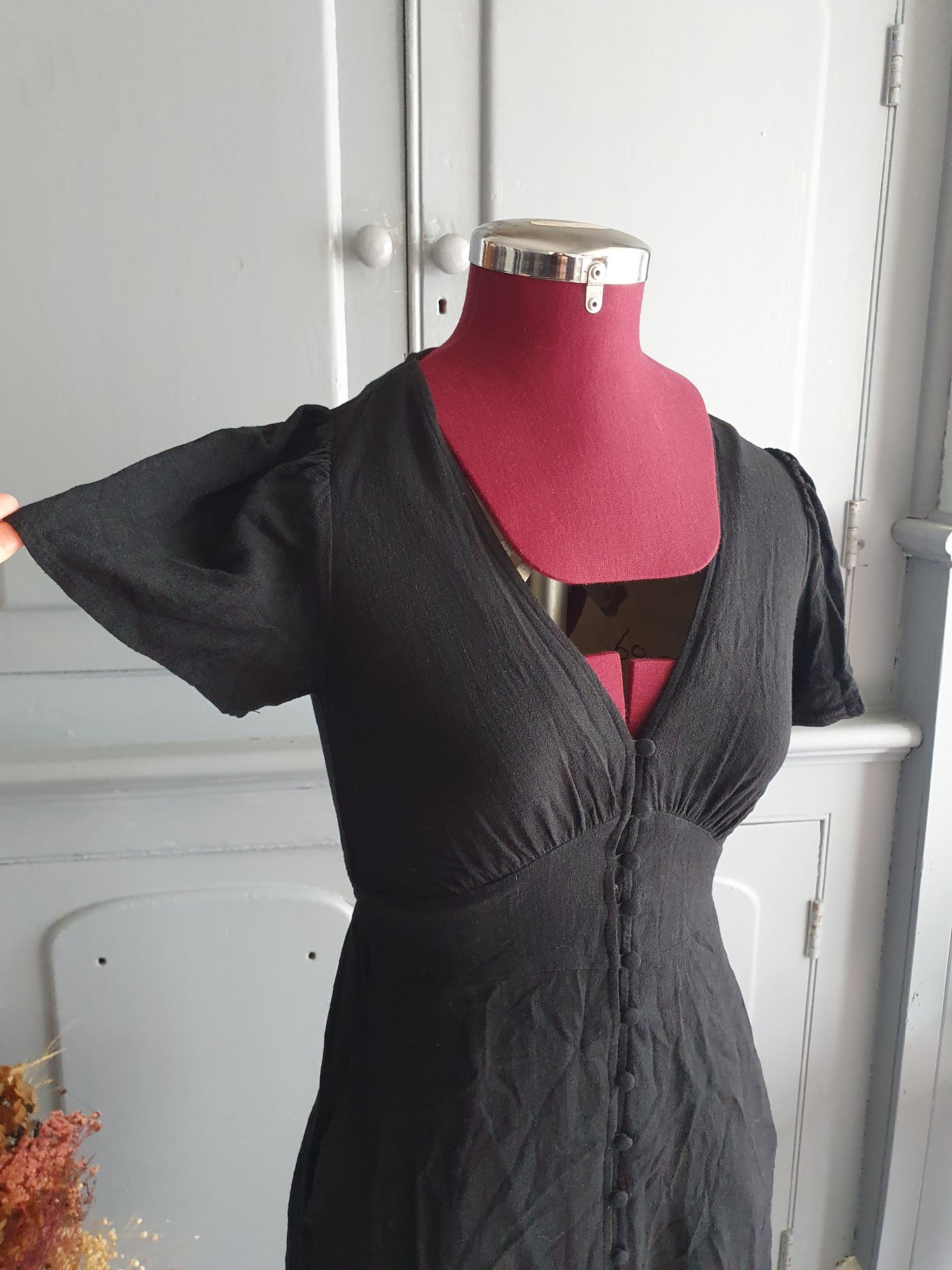Black Linen Blend Button Front Mini Dress – AU 8
