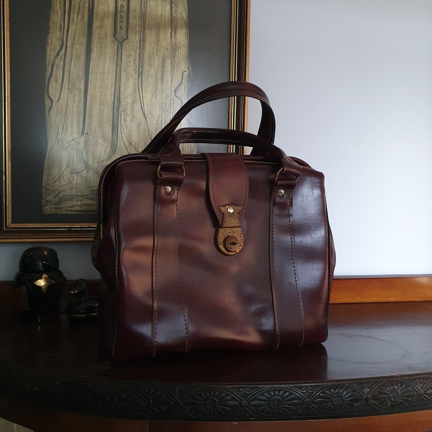 Vintage Oxblood Leather Gladstone Handbag | Mid-Century Doctor Bag