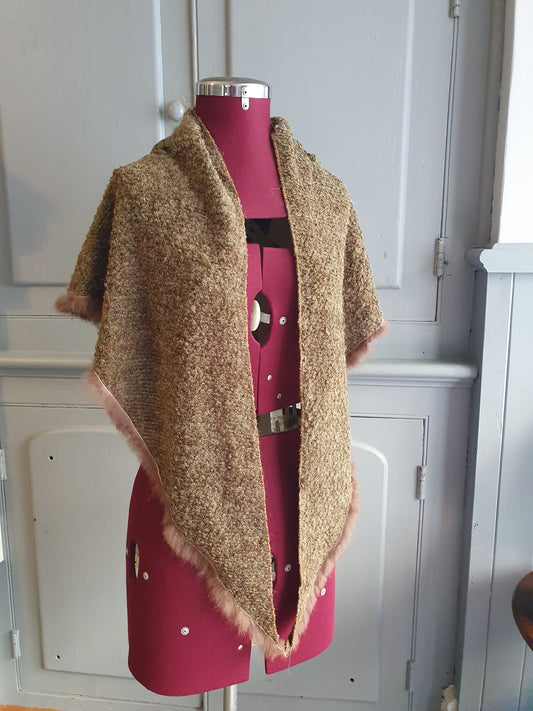 Bohemian Textured Shawl with Rabbit Fur & Crochet Accent
