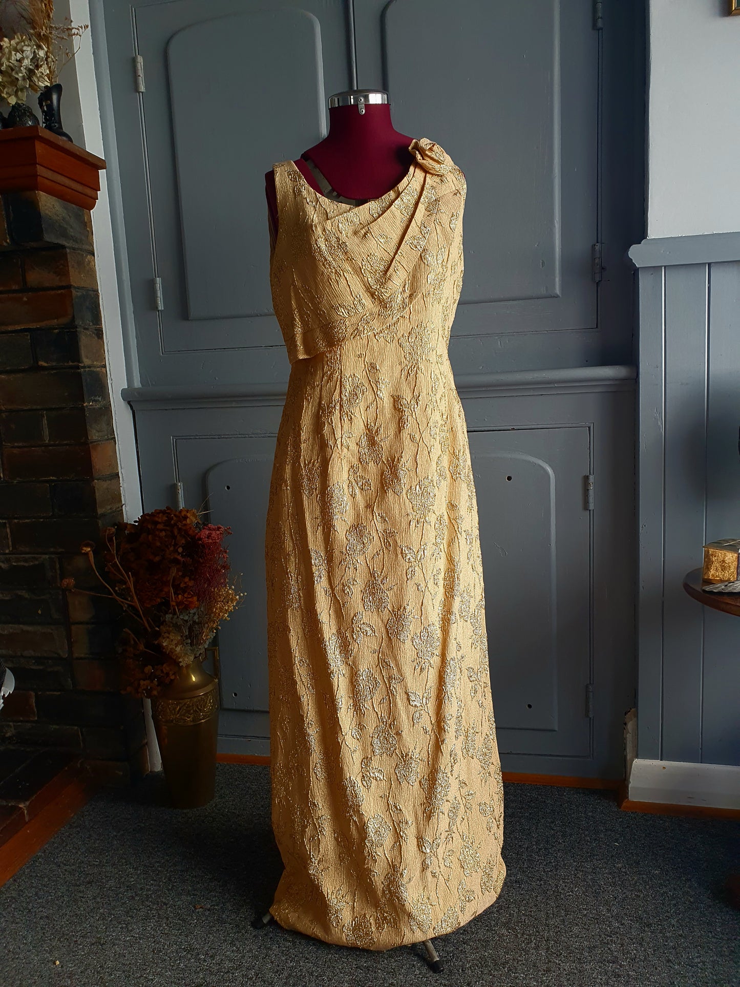 Vintage 1950s–1960s Gold Lamé & Rayon Floral Evening Gown – Melbourne Made, AU 12