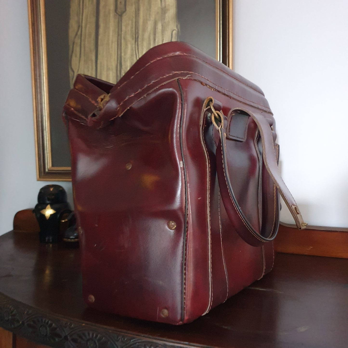 Vintage Oxblood Leather Gladstone Handbag | Mid-Century Doctor Bag
