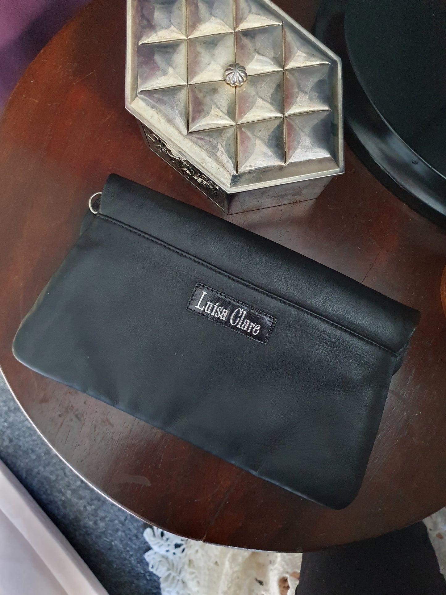 Luisa Clare Vintage Black Leather Clutch – Cracked Mother of Pearl Butterfly Inlay