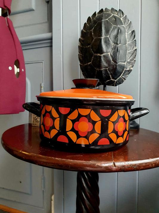 Vintage 1970s Enamel Flower Pot – Retro Black & Orange Dutch Oven