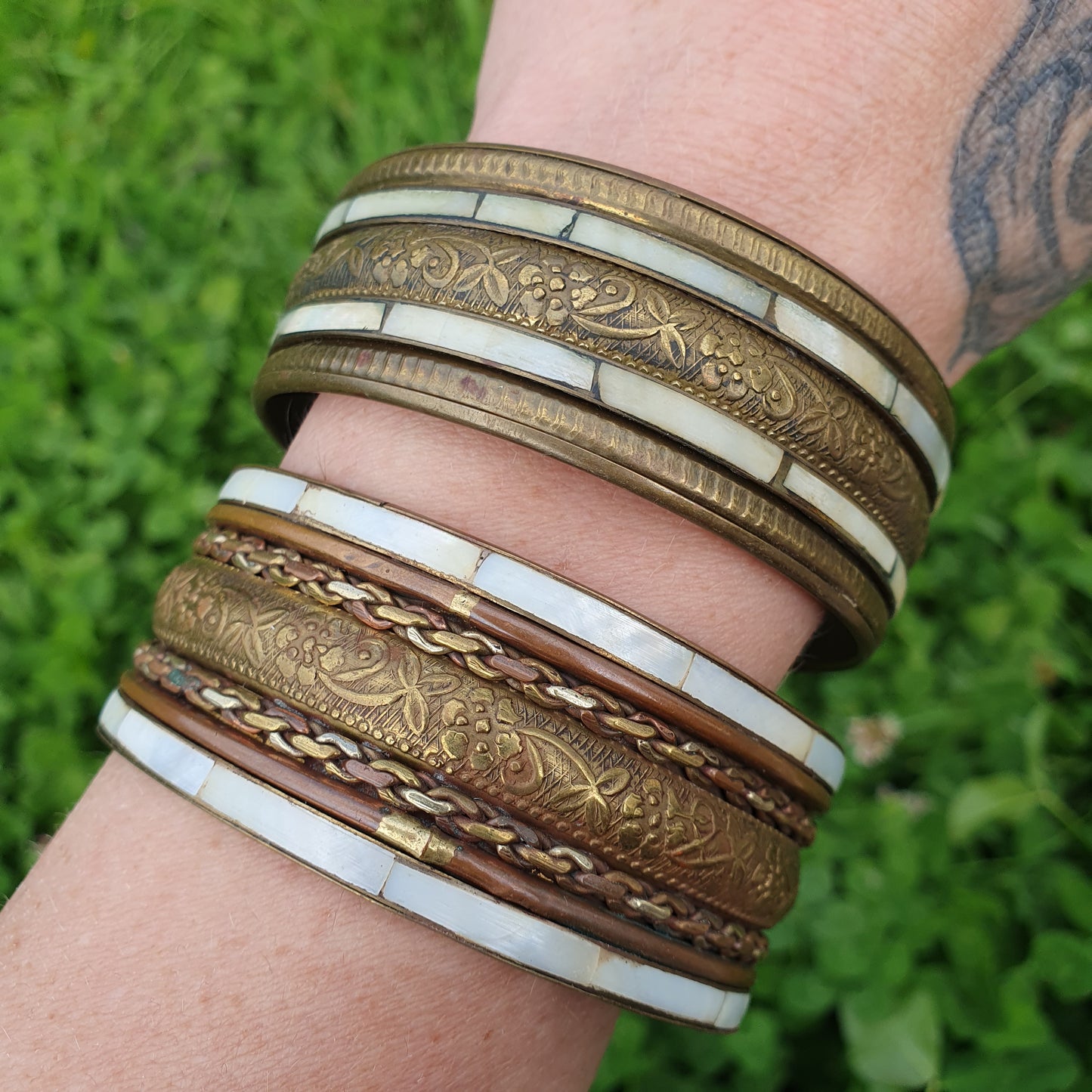 Vintage Brass & Mother of Pearl Bangles - pair