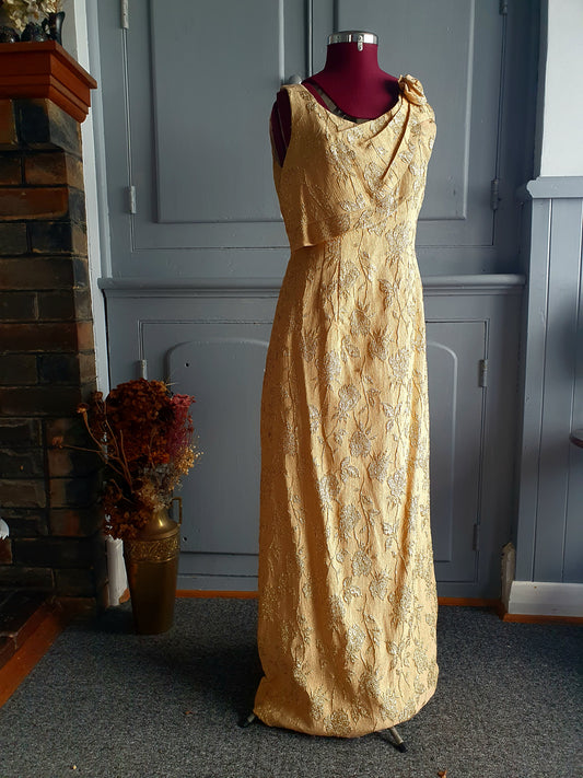 Vintage 1950s–1960s Gold Lamé & Rayon Floral Evening Gown – Melbourne Made, AU 12