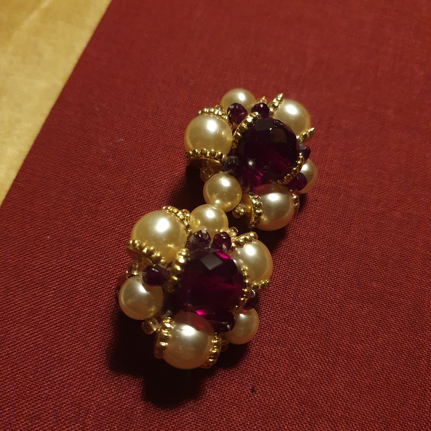 Vintage Ruby Red Glass & Pearl Cluster Clip-On Earrings