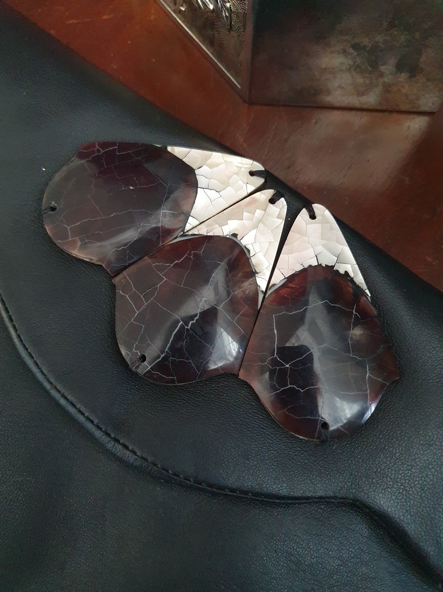 Luisa Clare Vintage Black Leather Clutch – Cracked Mother of Pearl Butterfly Inlay