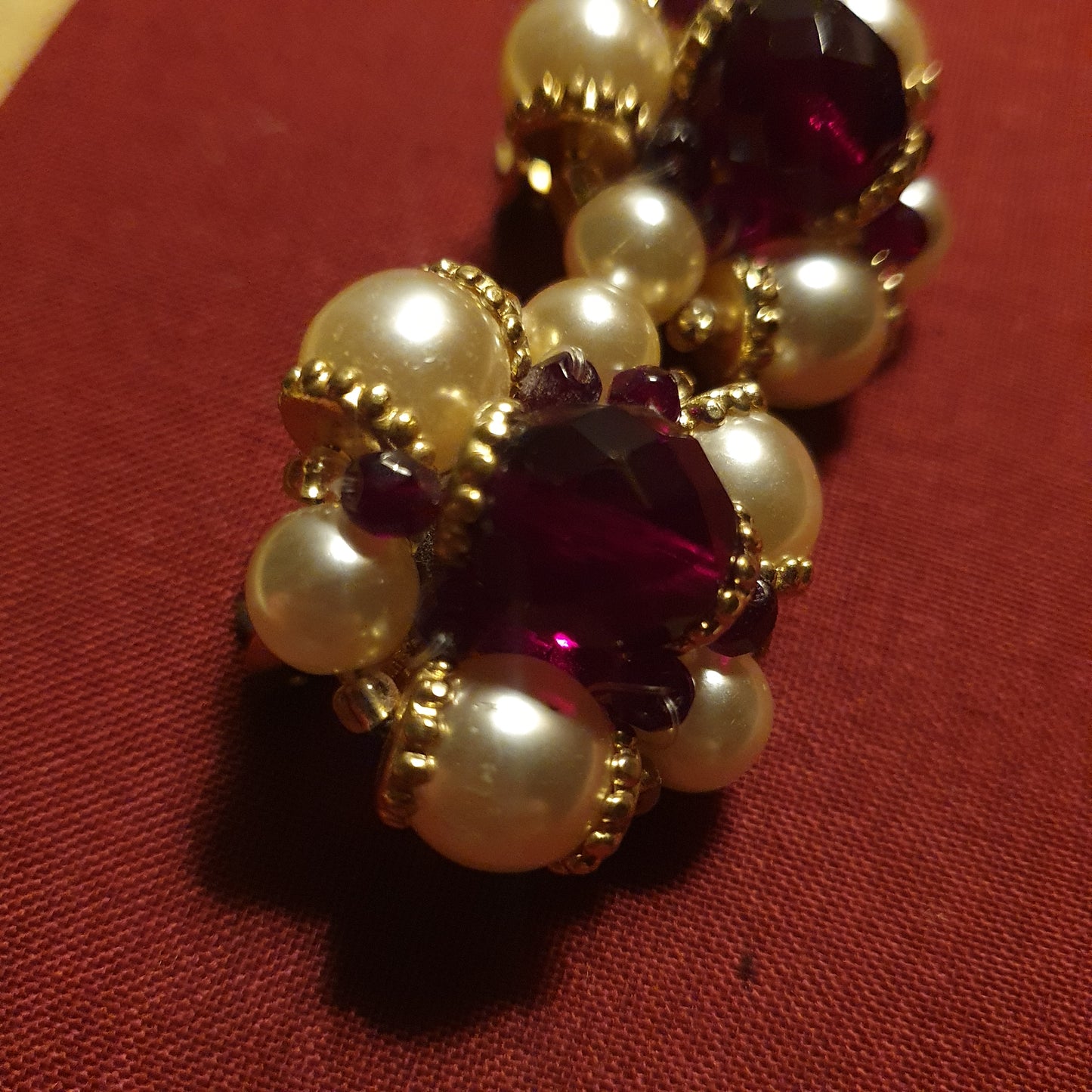 Vintage Ruby Red Glass & Pearl Cluster Clip-On Earrings