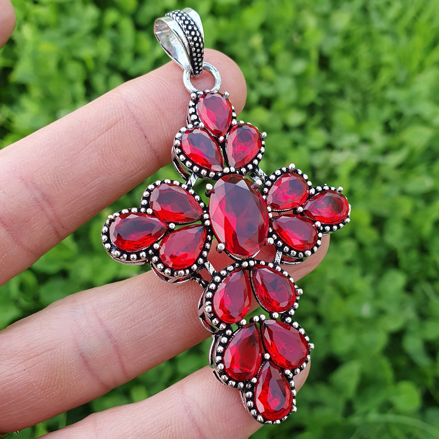 Sterling Silver Synthetic Garnet Cross Pendant | 8cm