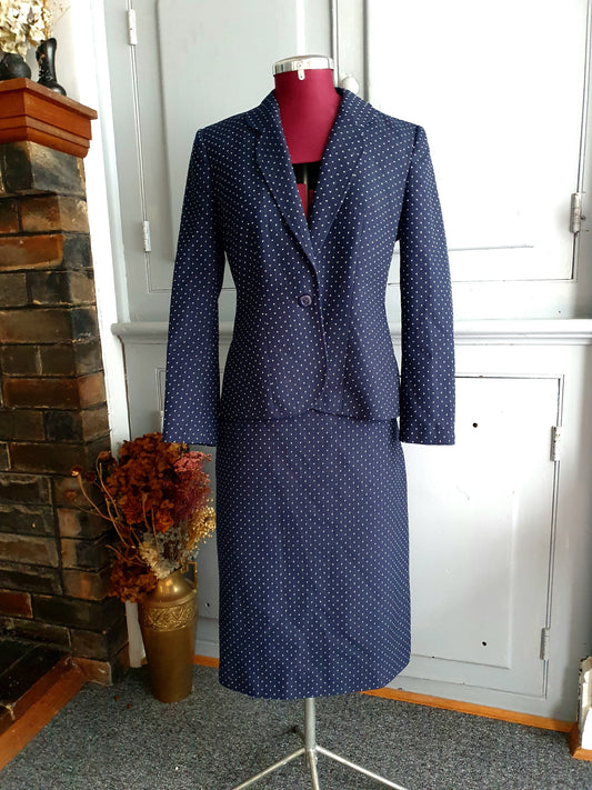 Late 80s/Early 90s Fletcher Jones Navy Polka Dot Wool Blend Skirt Suit – AU 12
