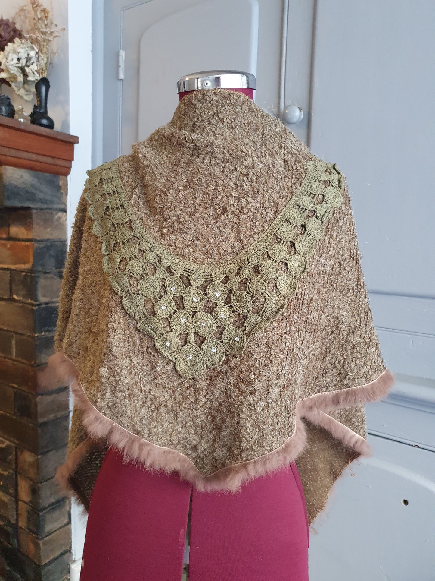Bohemian Textured Shawl with Rabbit Fur & Crochet Accent