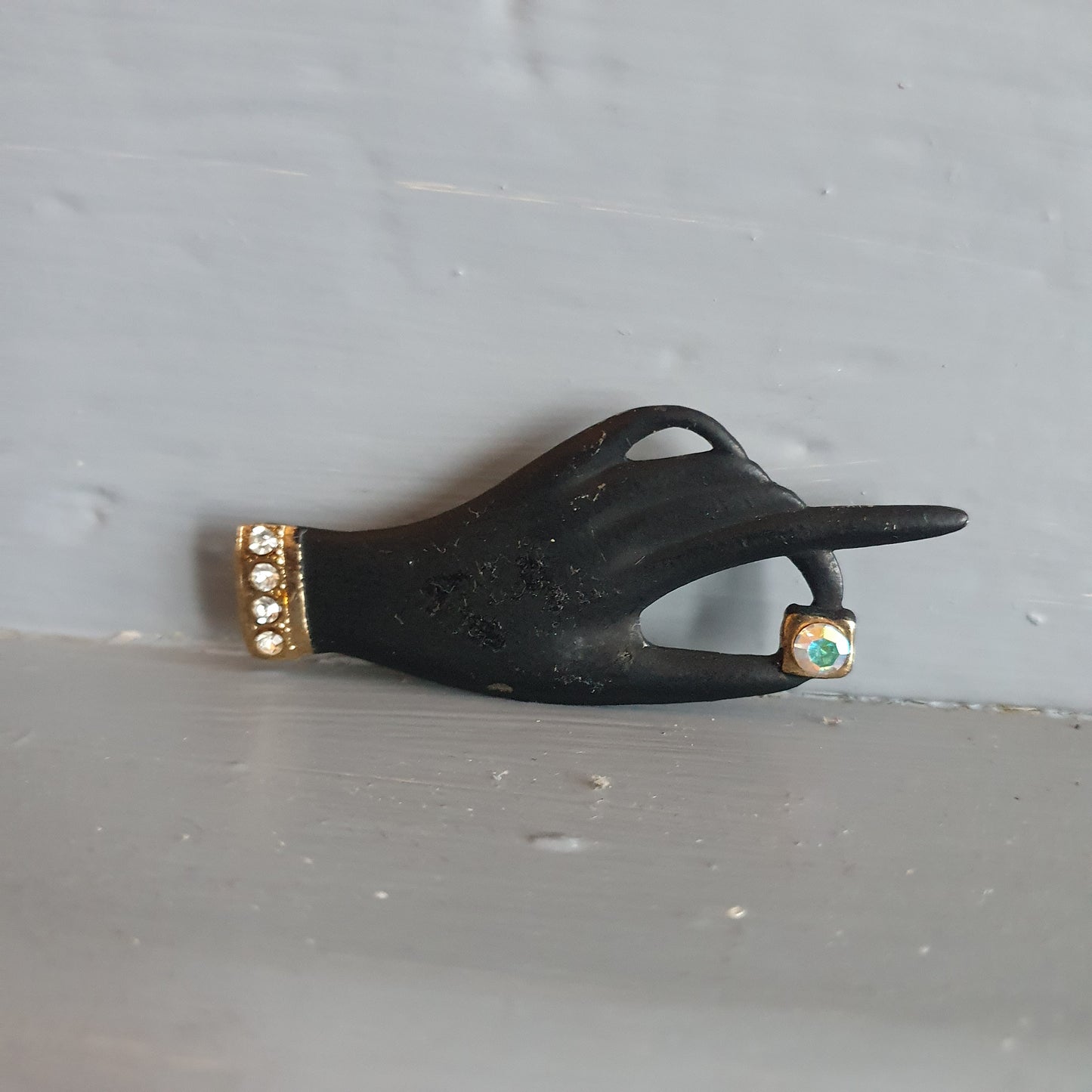 Vintage Hand Brooch Rhinestone Ring Victorian Revival Gothic Statement Pin