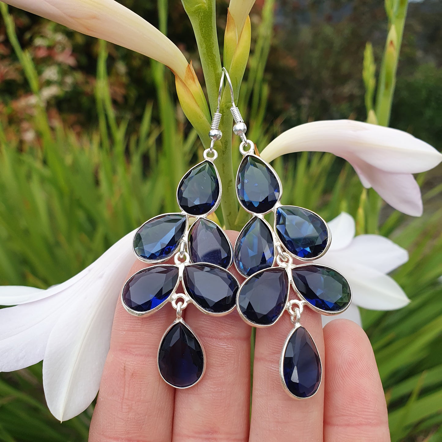 Sterling Silver & Synthetic Blue Topaz Chandelier Earrings
