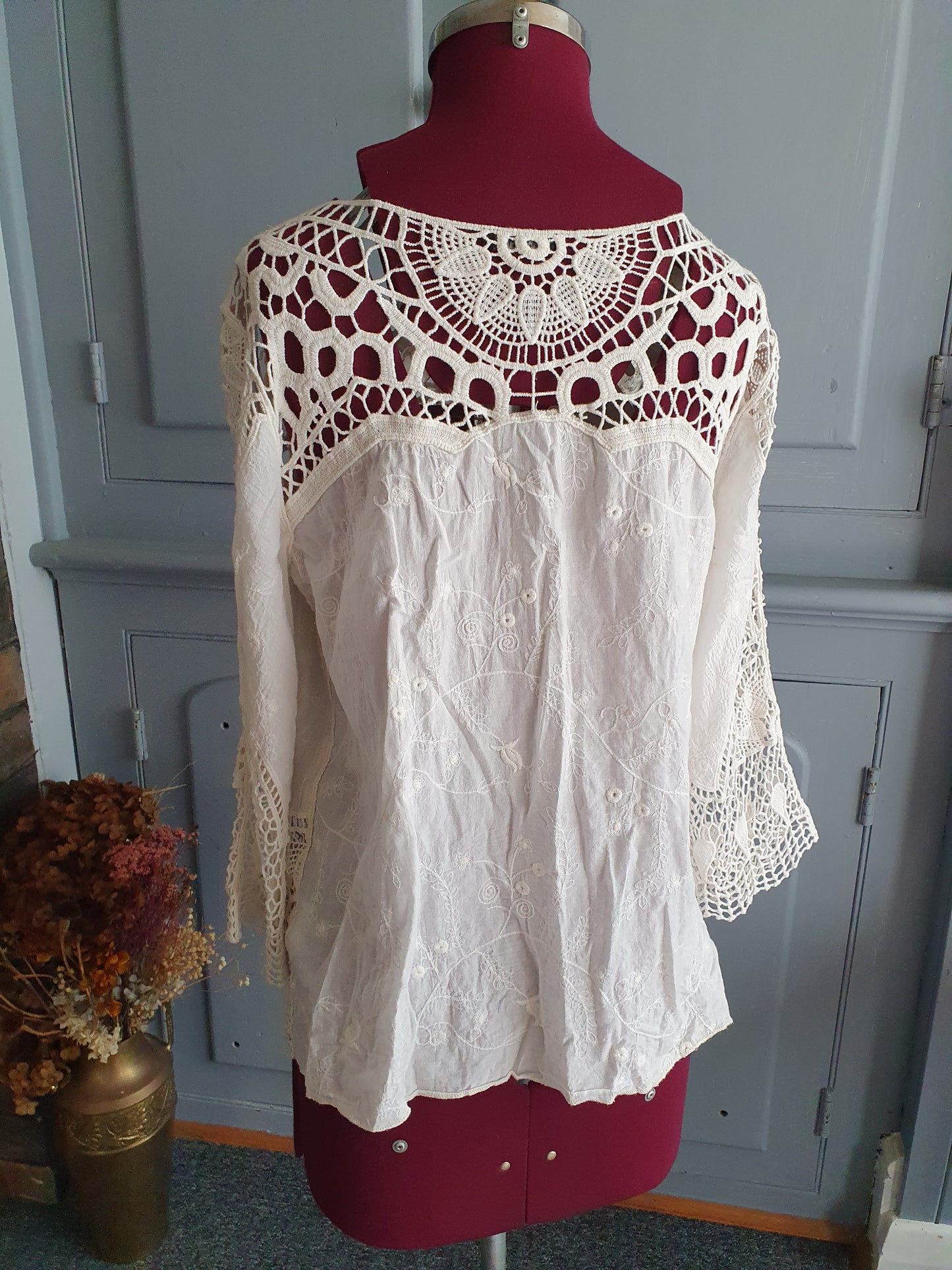 Boho Crochet Lace Cotton Blouse- Size L