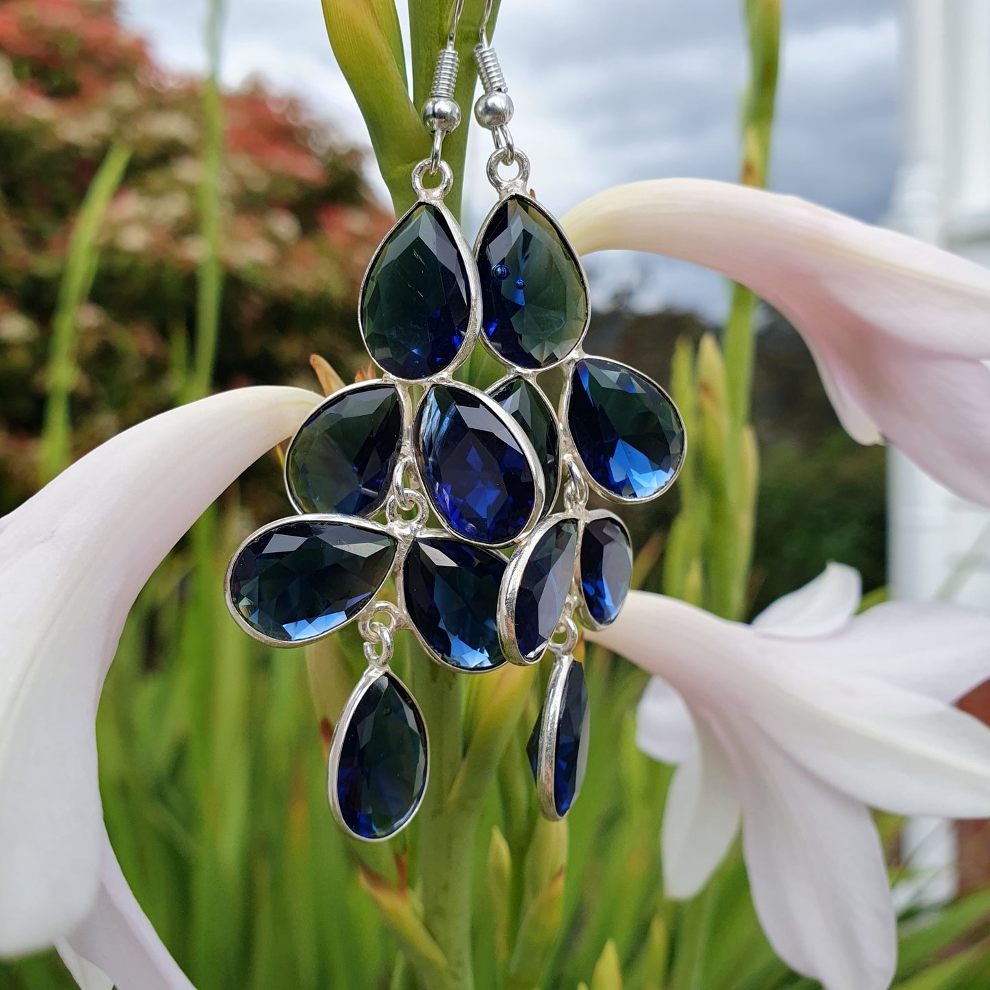 Sterling Silver & Synthetic Blue Topaz Chandelier Earrings