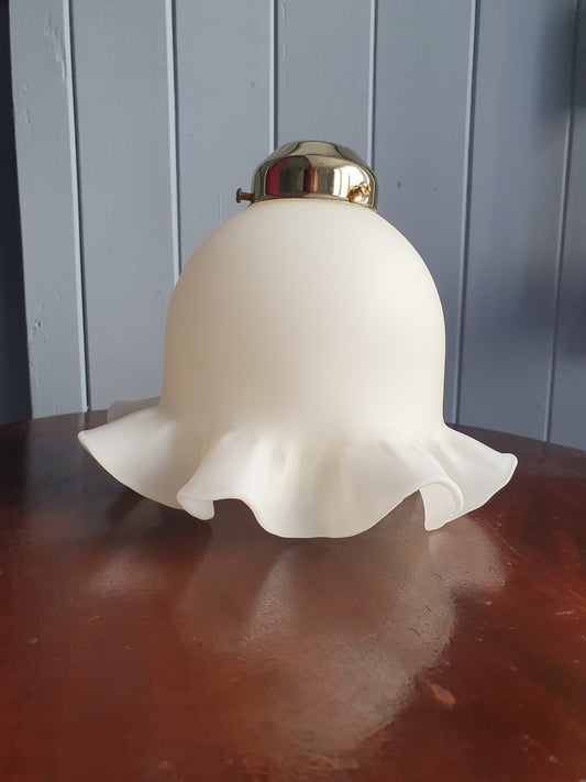 Vintage Ruffled Glass Lamp Shade Pair – 1980s Matte White with Brass Fittings