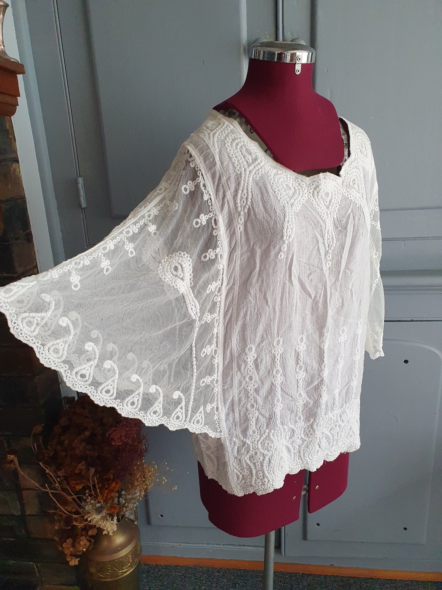 Embroidered Cotton Boho Blouse – Cream- Size S/M
