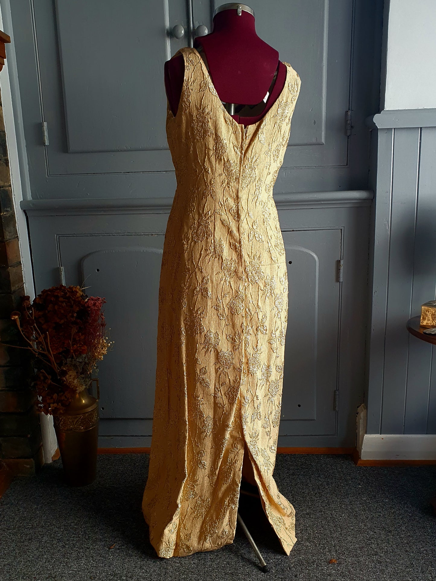 Vintage 1950s–1960s Gold Lamé & Rayon Floral Evening Gown – Melbourne Made, AU 12