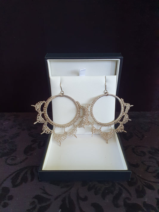 Vintage Sterling Silver Crochet Wire Hoop Earrings – Large Scalloped Statement Hoops (7.5cm)