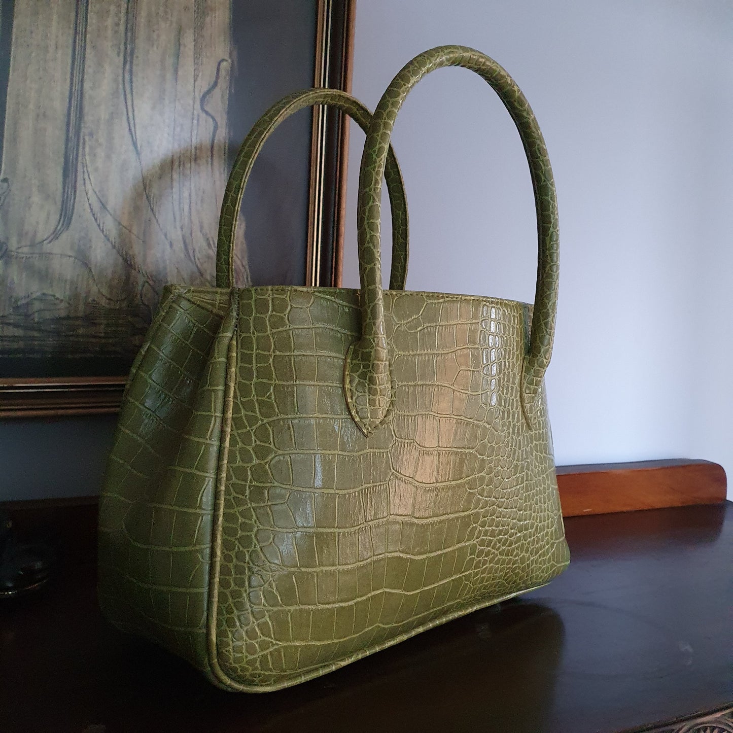 Olive Green Croc Embossed Handbag