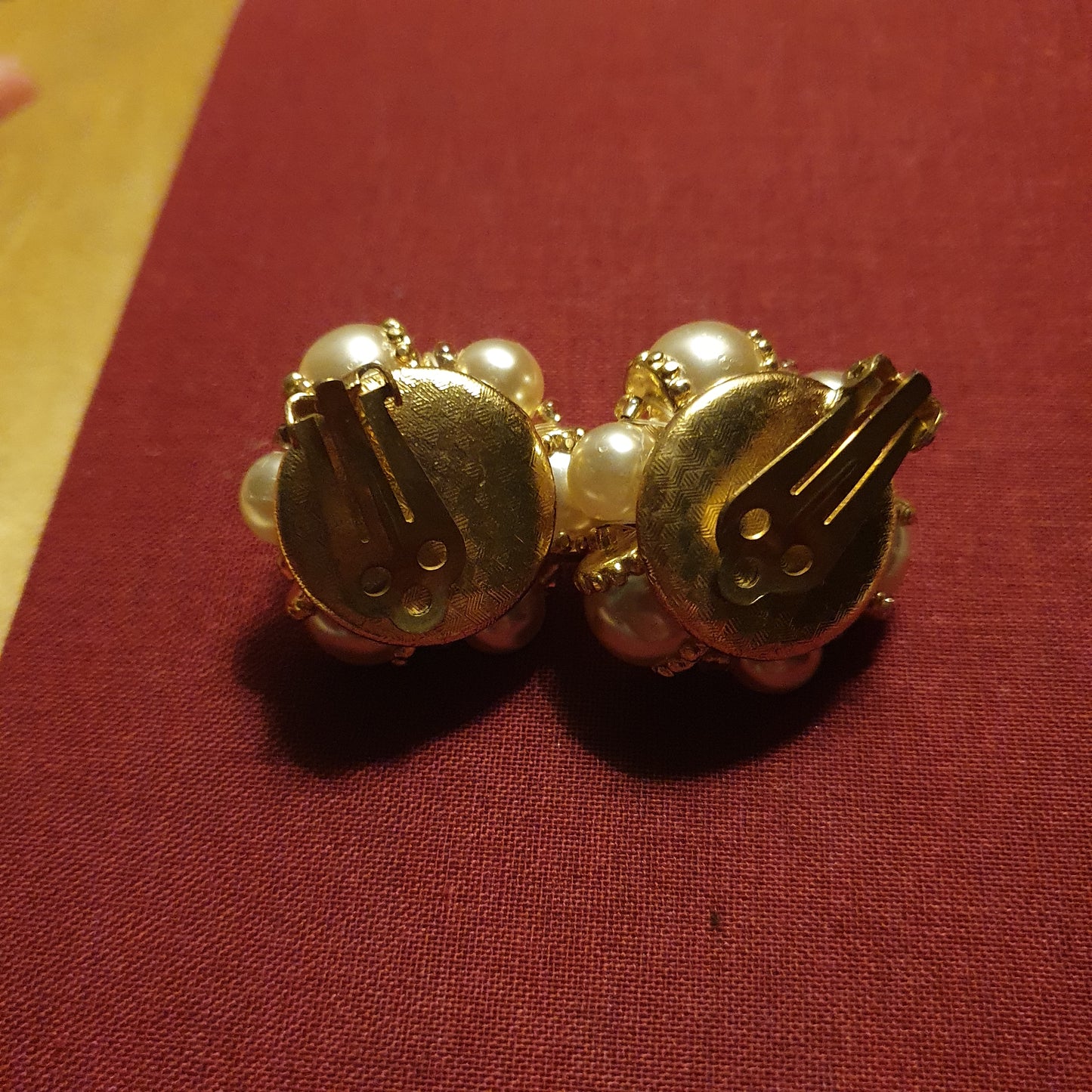 Vintage Ruby Red Glass & Pearl Cluster Clip-On Earrings