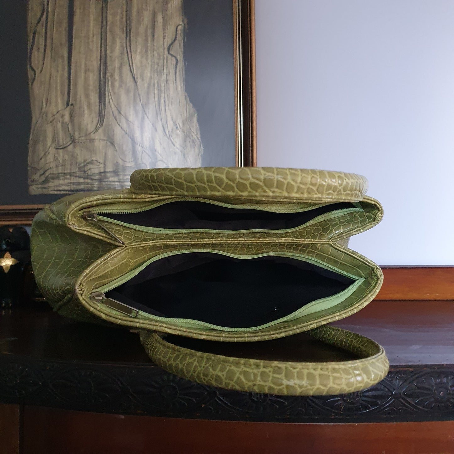 Olive Green Croc Embossed Handbag