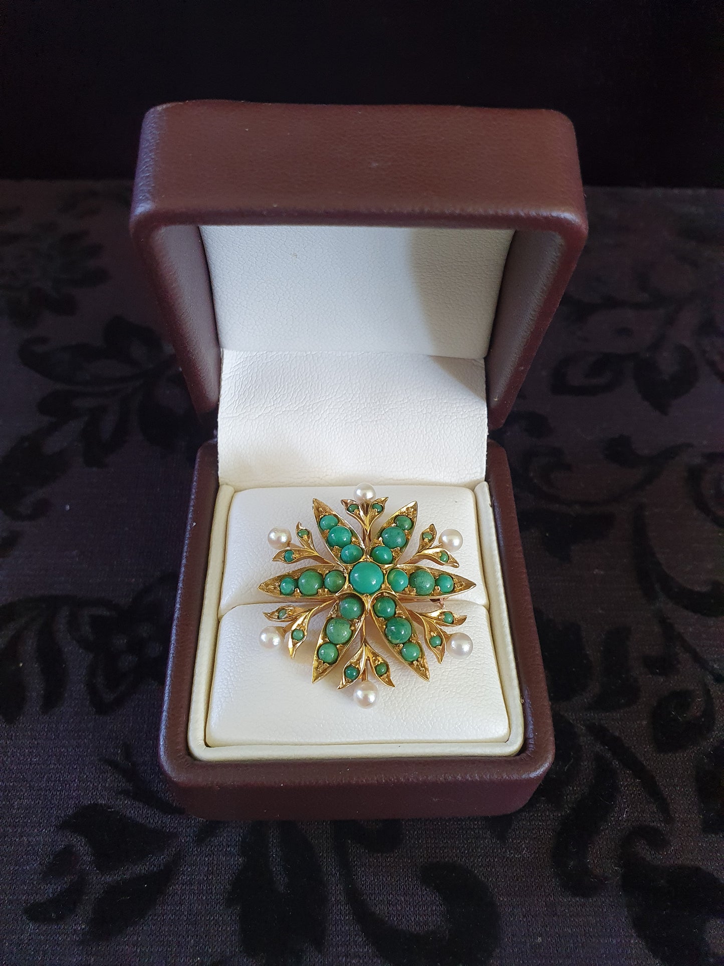 Vintage 18ct Gold Chrysoprase & Pearl Starburst Brooch (1950s–1970s)