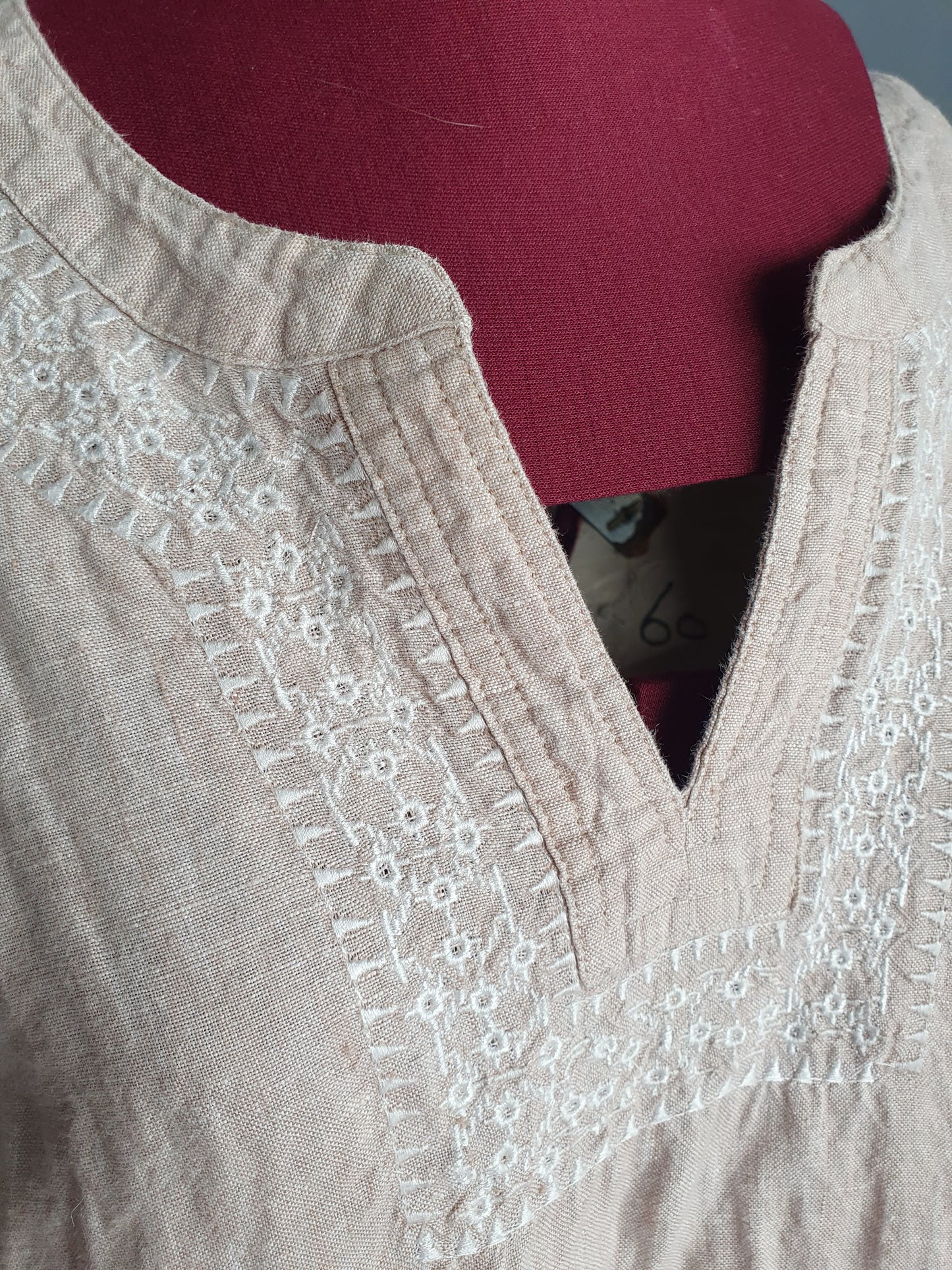Linen-Blend Embroidered Tunic Dress – Natural Beige | Size AU 14–16