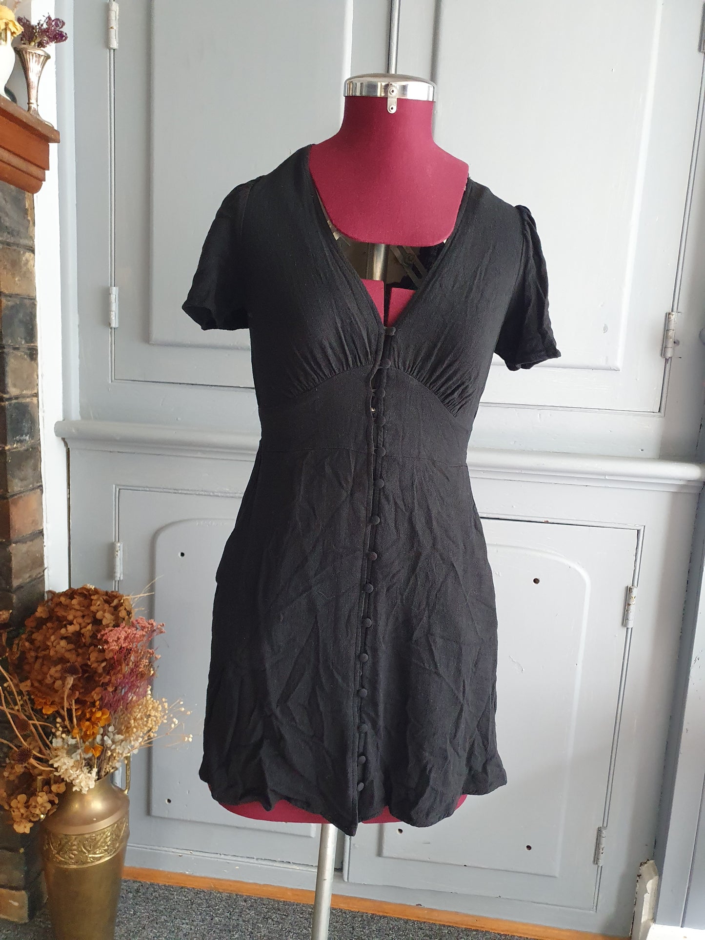 Black Linen Blend Button Front Mini Dress – AU 8