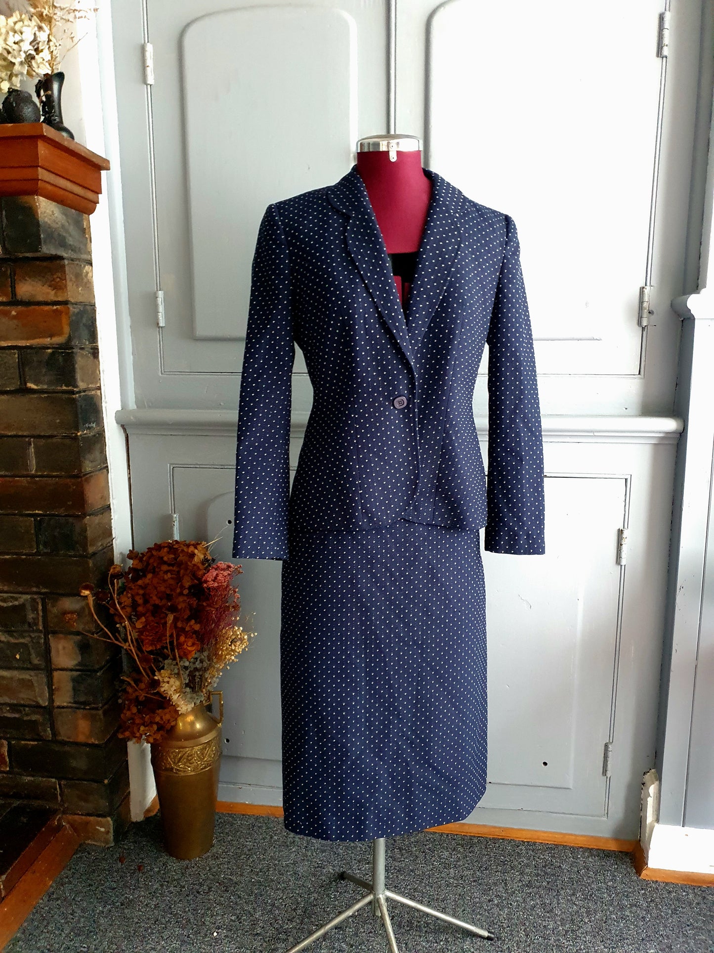 Late 80s/Early 90s Fletcher Jones Navy Polka Dot Wool Blend Skirt Suit – AU 12