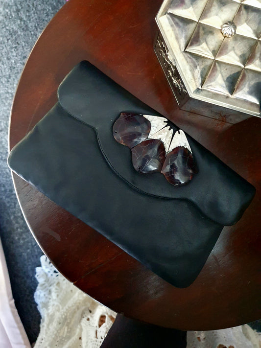 Luisa Clare Vintage Black Leather Clutch – Cracked Mother of Pearl Butterfly Inlay