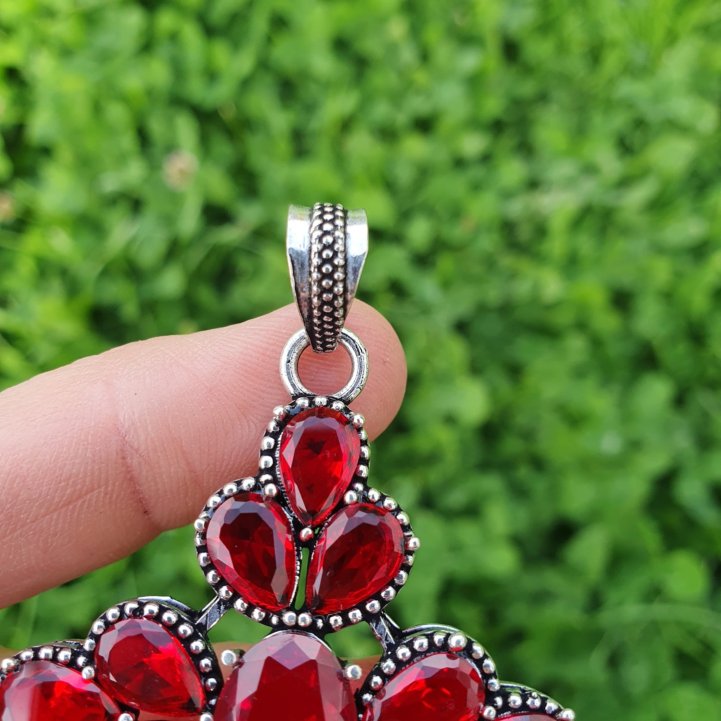 Sterling Silver Synthetic Garnet Cross Pendant | 8cm