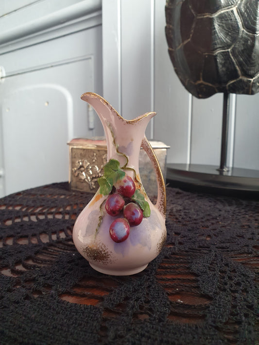 Vintage Miniature Porcelain Vase – Pink with Hand-Painted Grapes | 3D Relief Design | c.1950s
