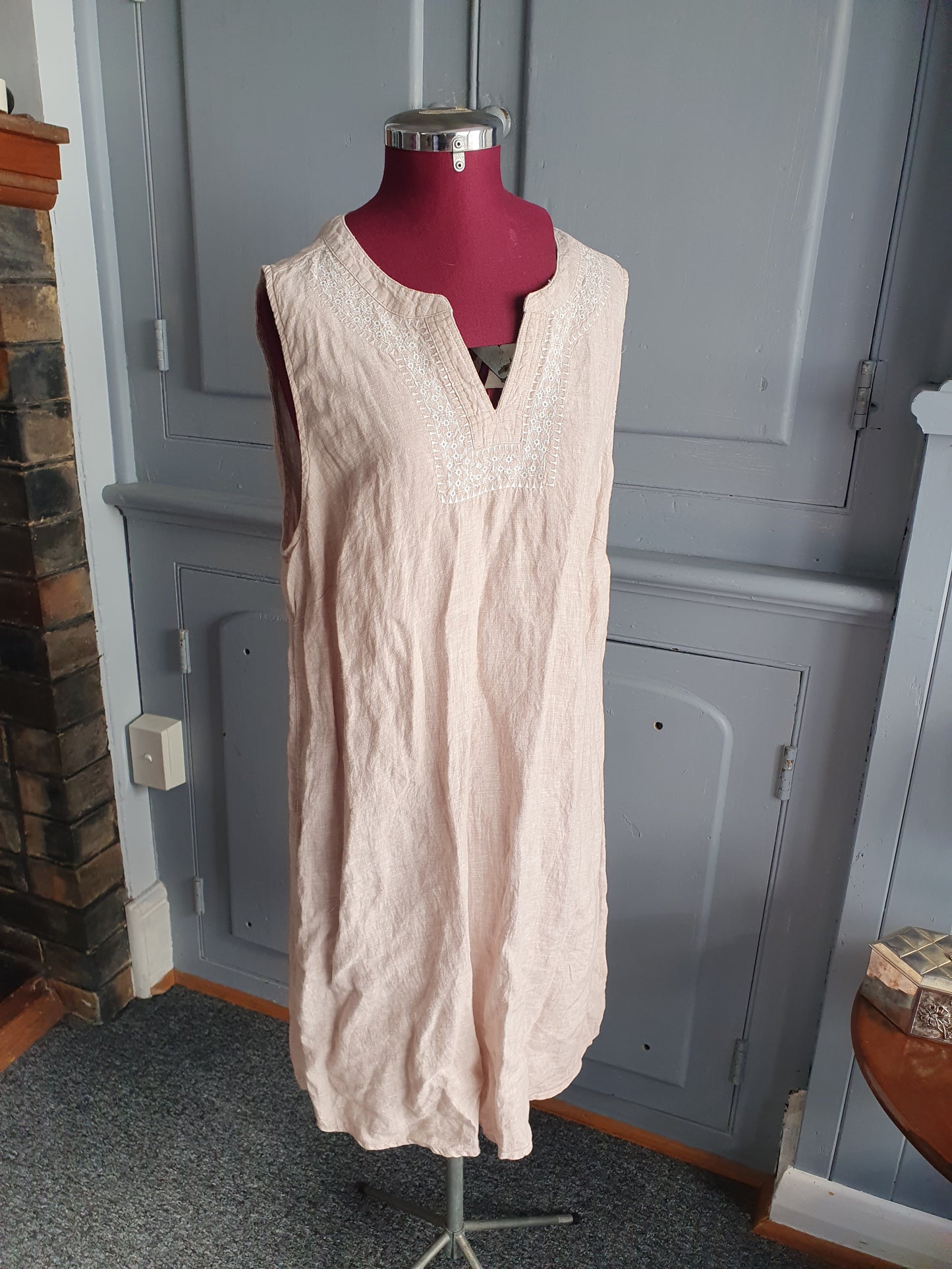 Linen-Blend Embroidered Tunic Dress – Natural Beige | Size AU 14–16