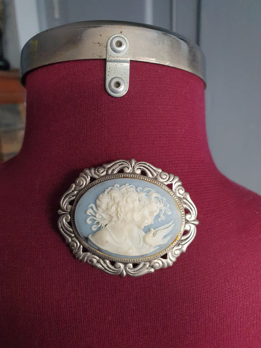 Vintage Resin Cameo Brooch – Romantic Woman in Filigree Silver Frame