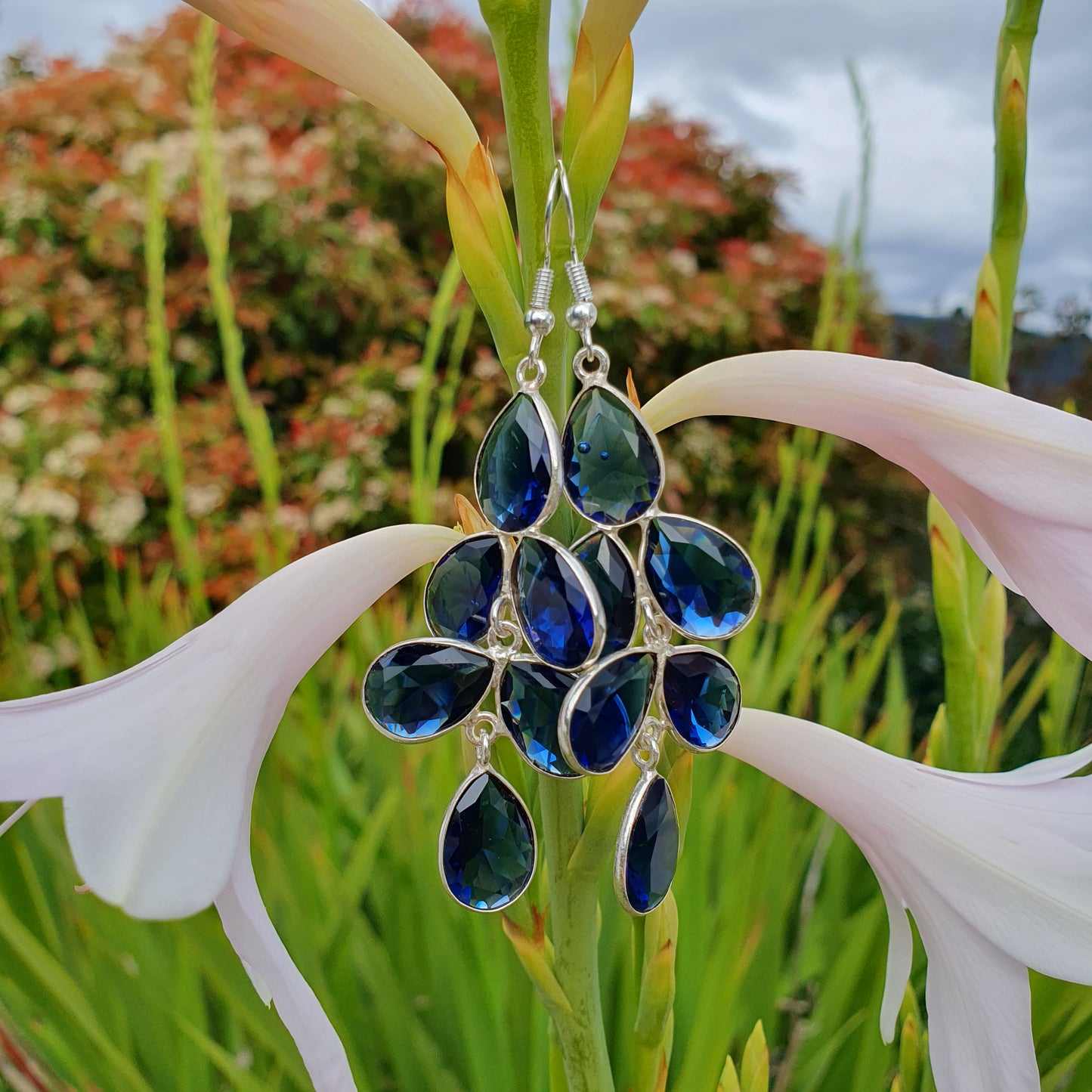 Sterling Silver & Synthetic Blue Topaz Chandelier Earrings