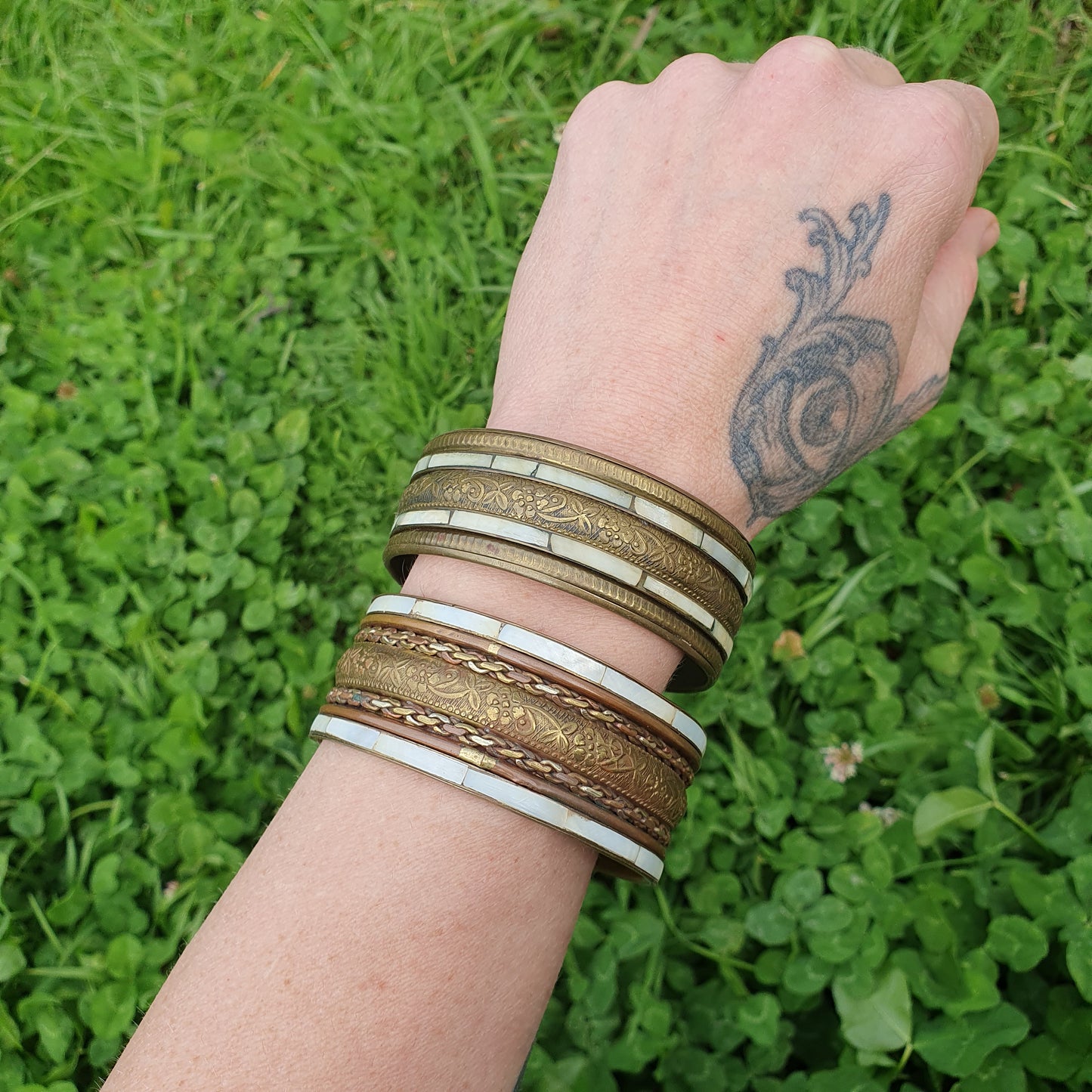 Vintage Brass & Mother of Pearl Bangles - pair