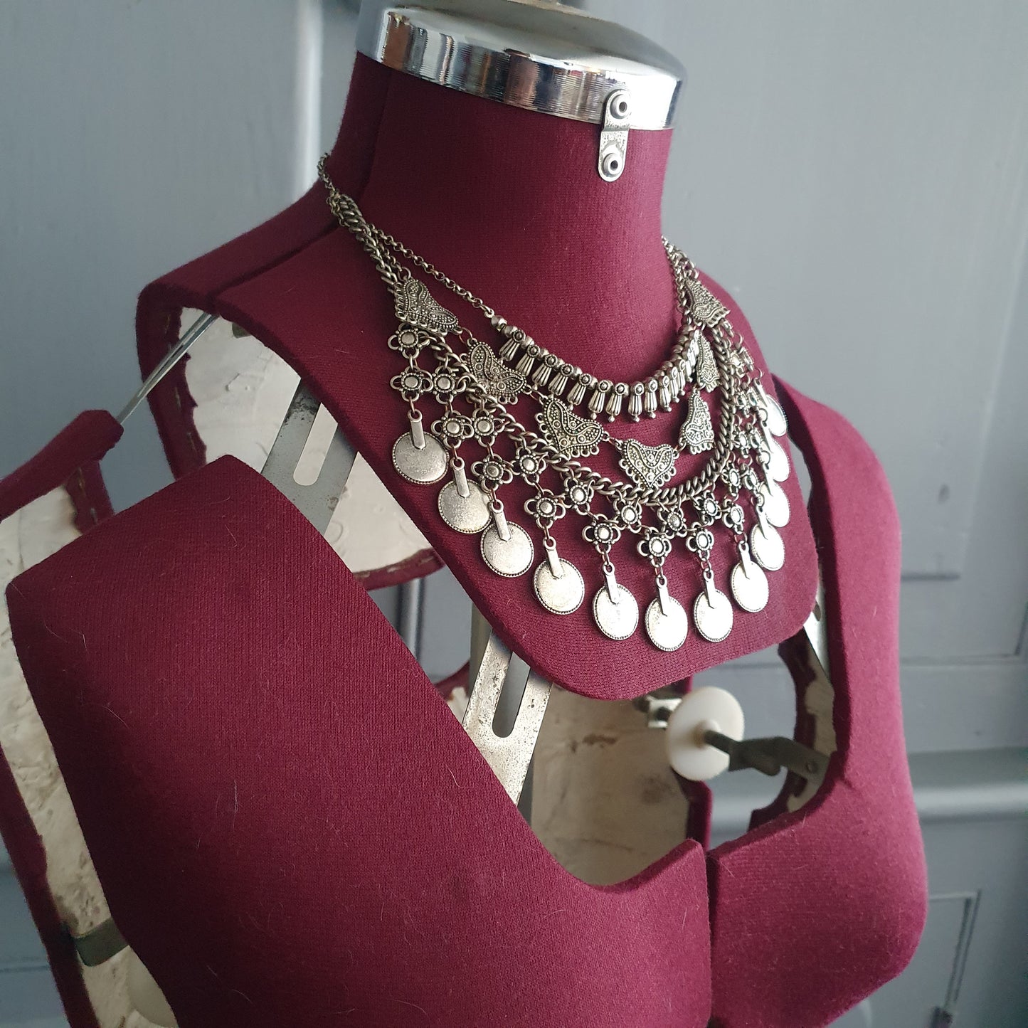 Silver Tone Layered Coin Statement Necklace