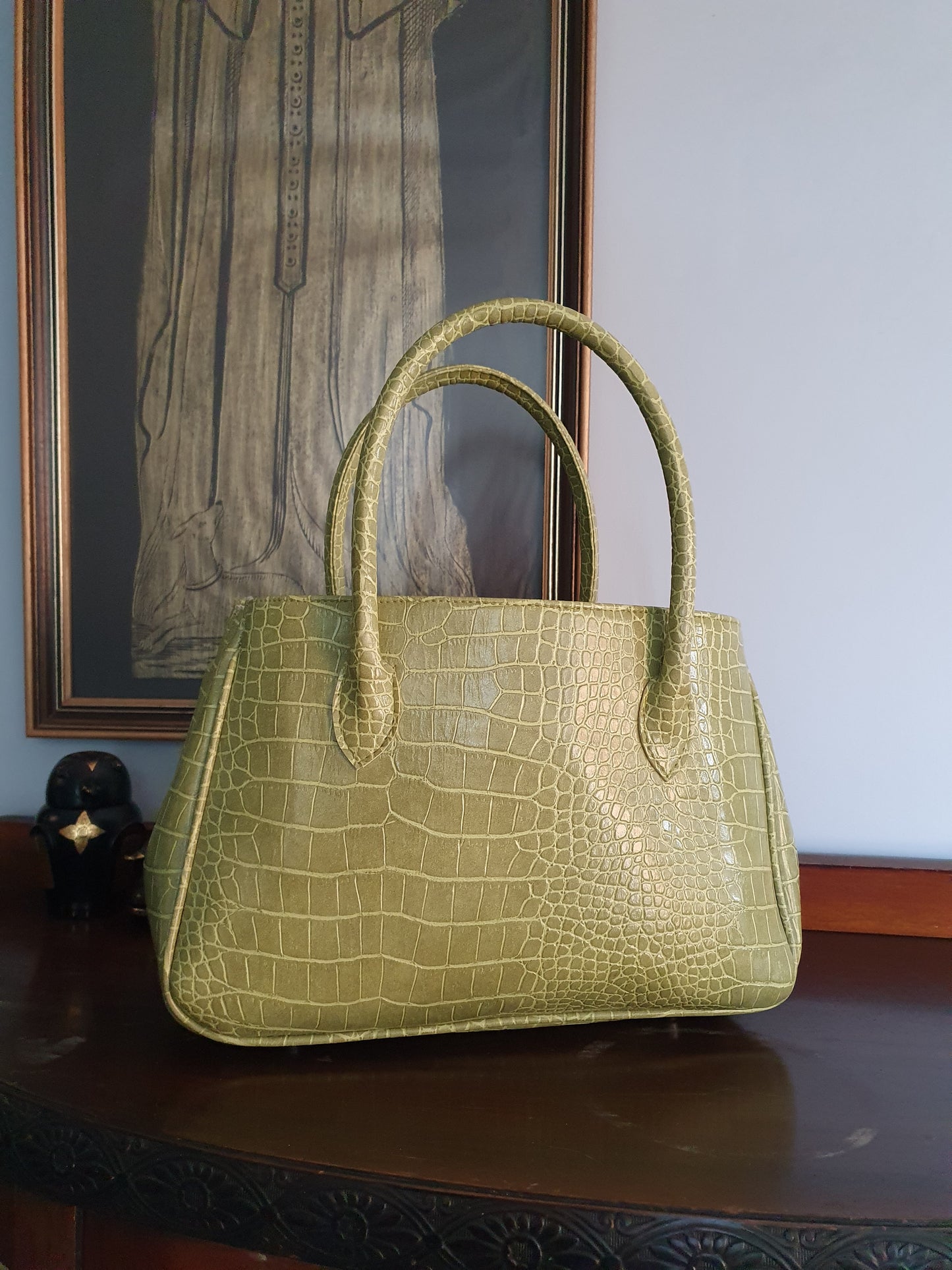 Olive Green Croc Embossed Handbag