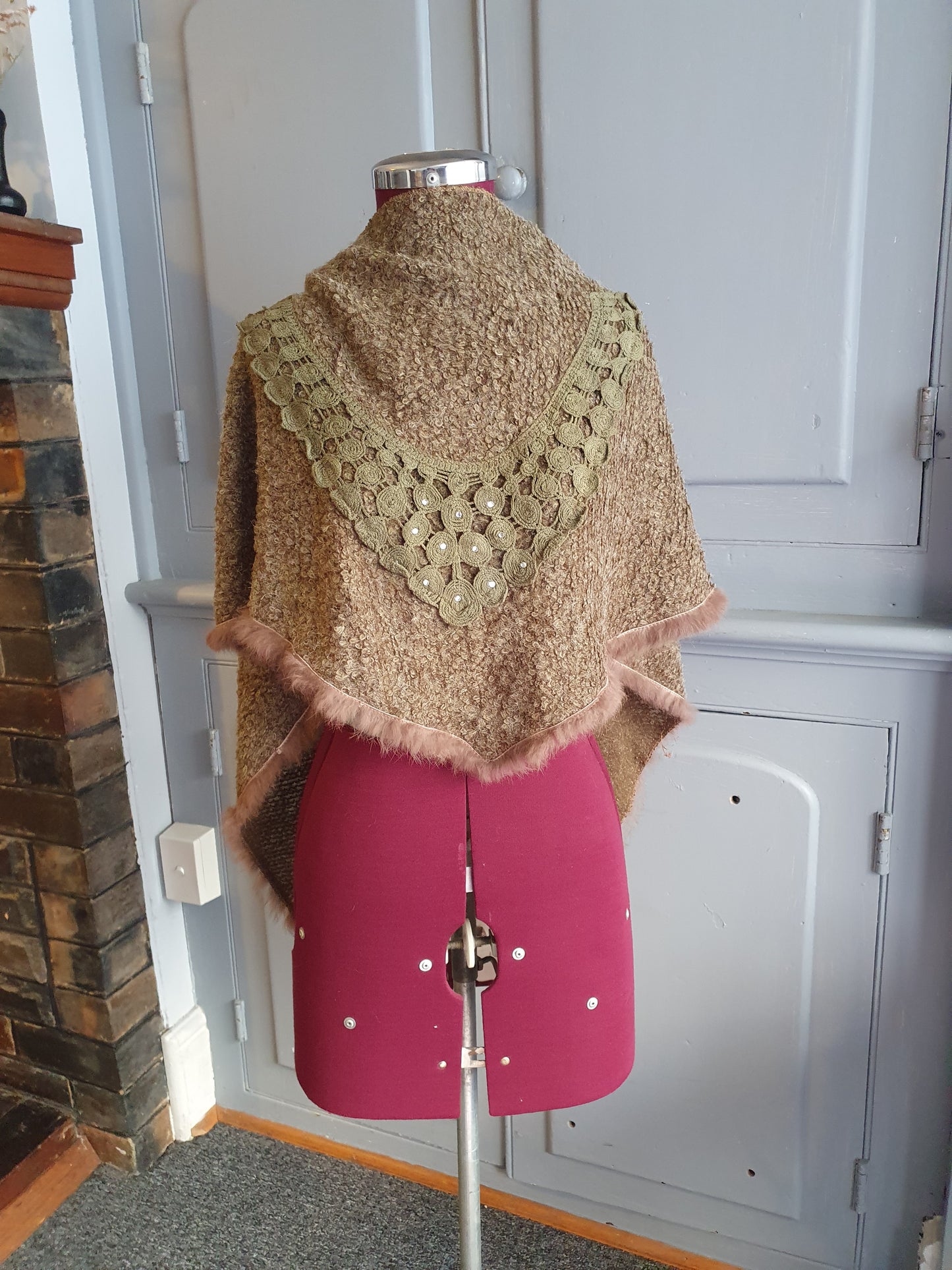 Bohemian Textured Shawl with Rabbit Fur & Crochet Accent