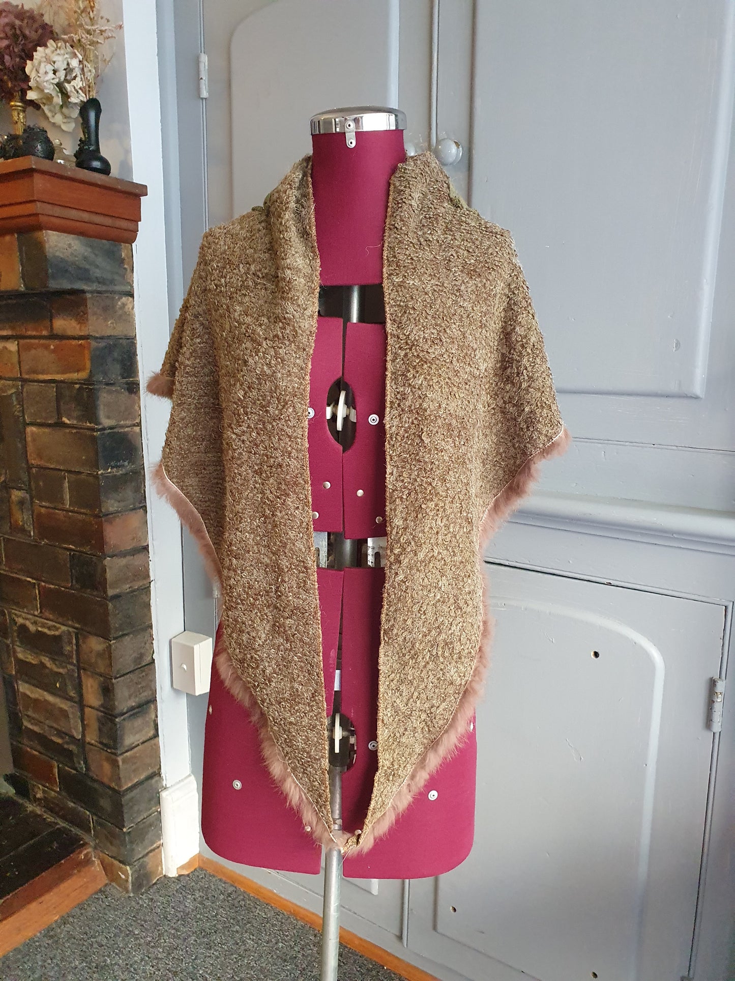 Bohemian Textured Shawl with Rabbit Fur & Crochet Accent