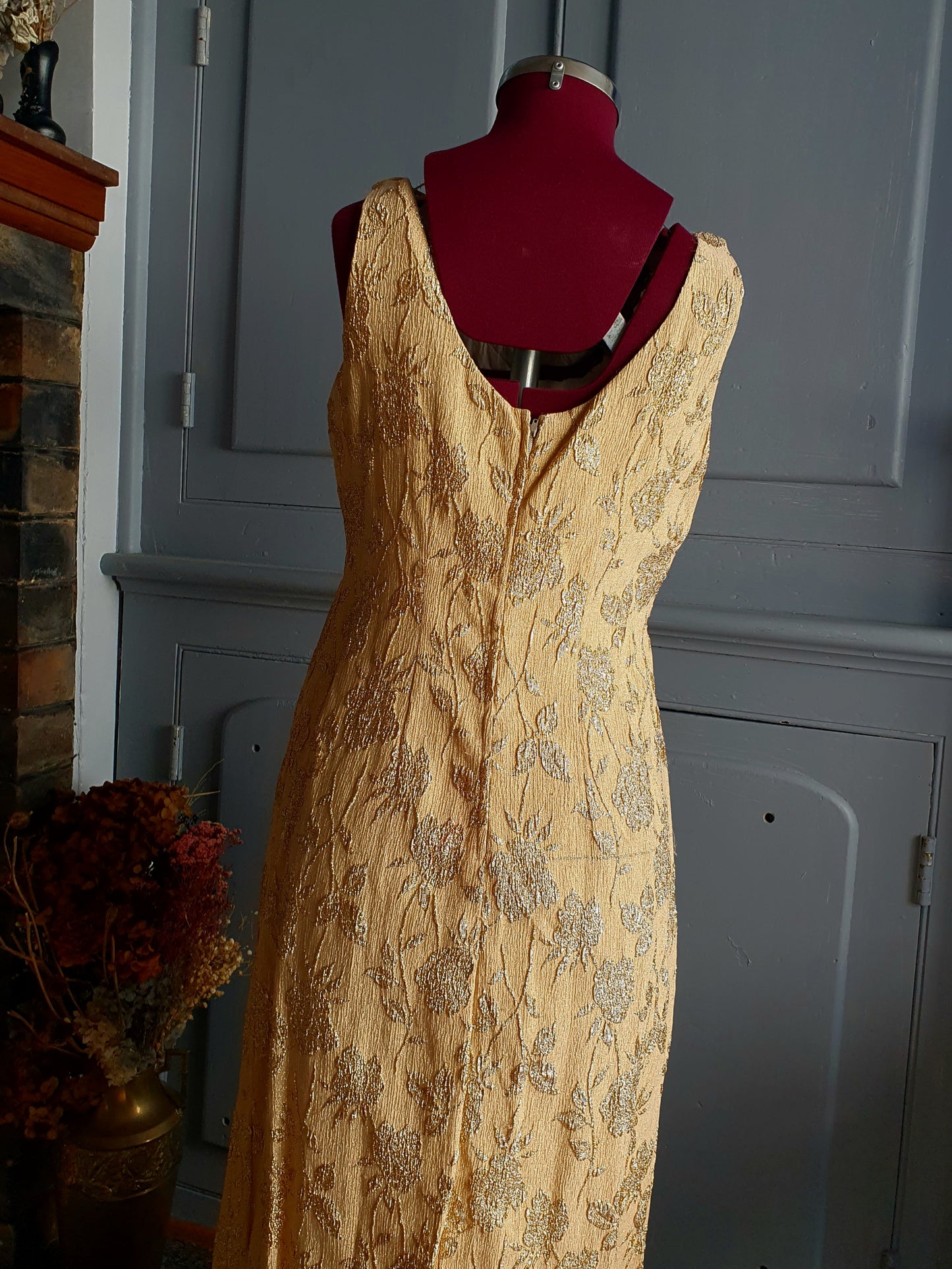 Vintage 1950s–1960s Gold Lamé & Rayon Floral Evening Gown – Melbourne Made, AU 12