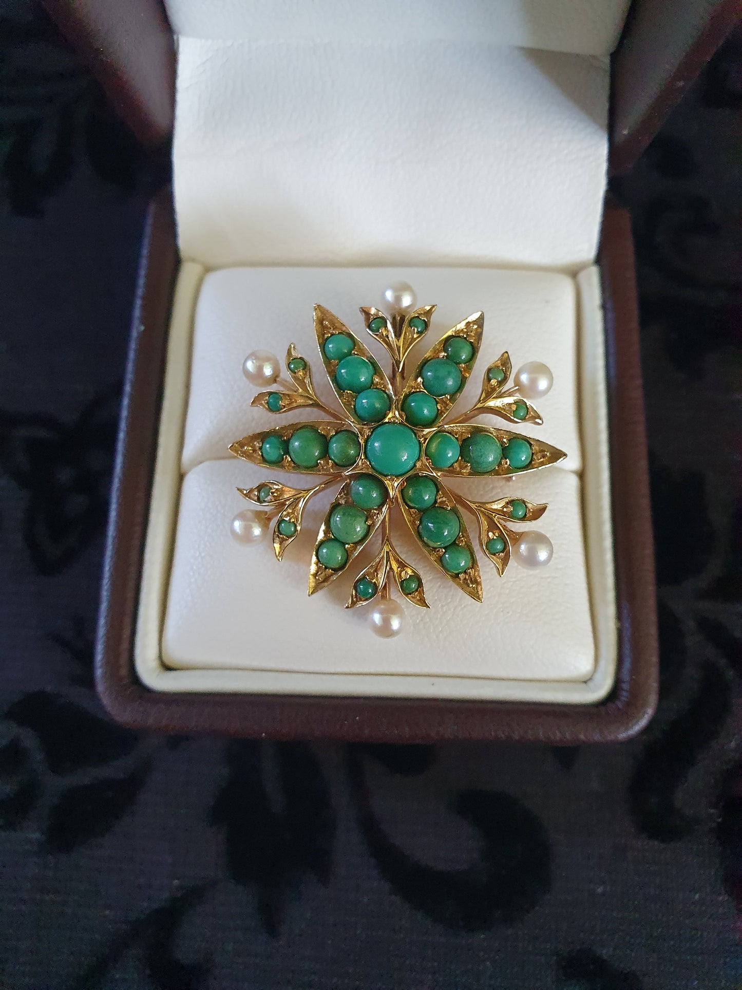 Vintage 18ct Gold Chrysoprase & Pearl Starburst Brooch (1950s–1970s)