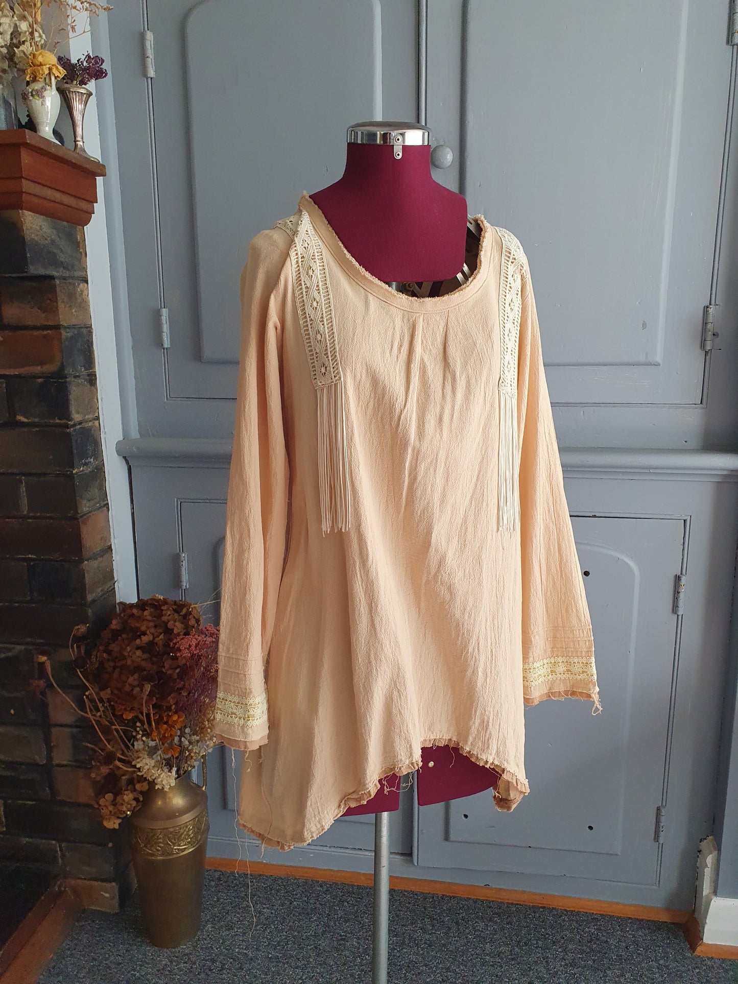 Boho Lace Fringe Tunic Top – Peach - size M