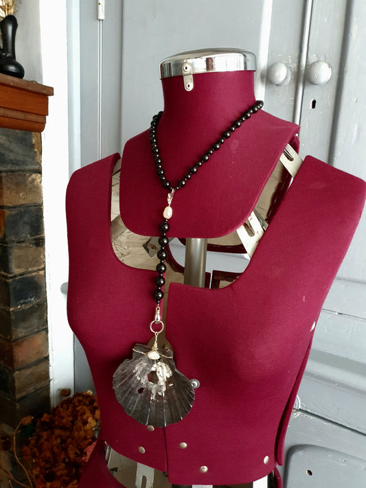 Sterling Silver, Freshwater Pearls & Black Seashell beaded necklace.