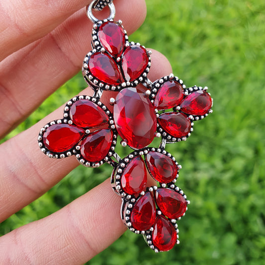 Sterling Silver Synthetic Garnet Cross Pendant | 8cm