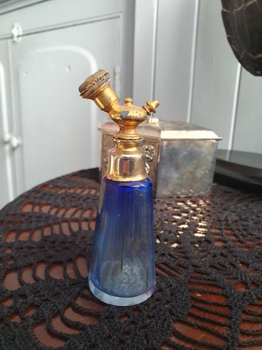 Antique French Perfume Bottle – Art Deco Blue Cut Glass & Brass Atomiser (c. 1920s–1930s)