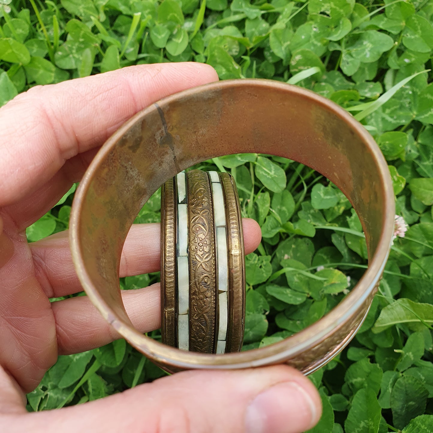 Vintage Brass & Mother of Pearl Bangles - pair