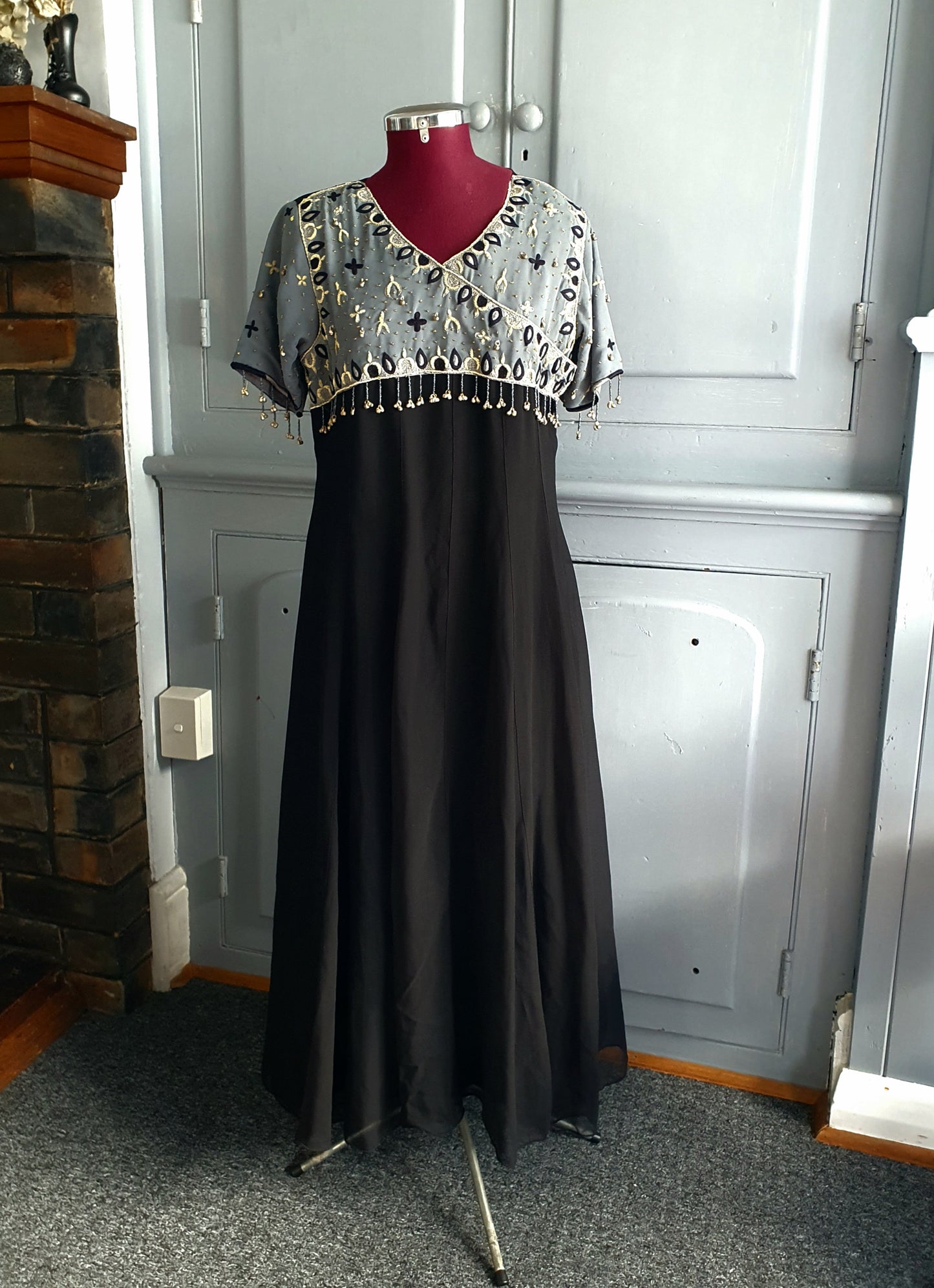 Hand-Embellished Black & Silver Maxi Dress with Bell Charms – AU 12–14
