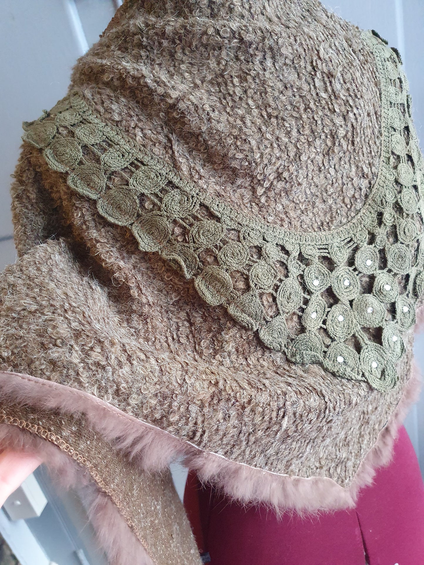 Bohemian Textured Shawl with Rabbit Fur & Crochet Accent